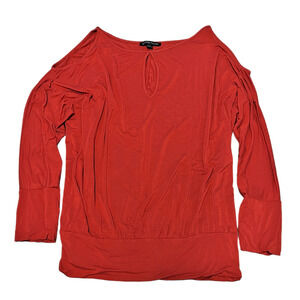Boston Proper Womens Knit Top Large Dark Coral Cold Shoulder Long Sleeve
